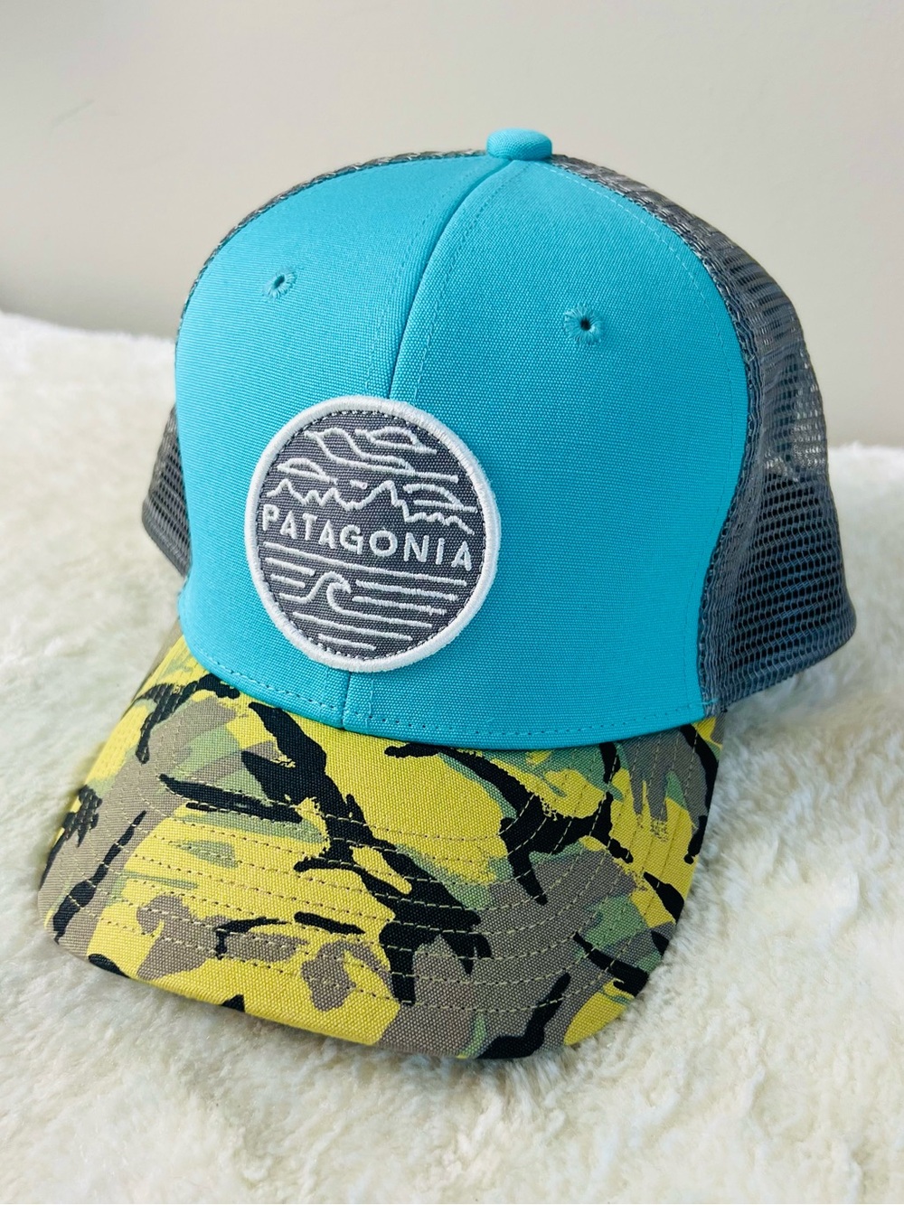 Patagonia Turquoise Trucker Hat with Yellow Camo Visor